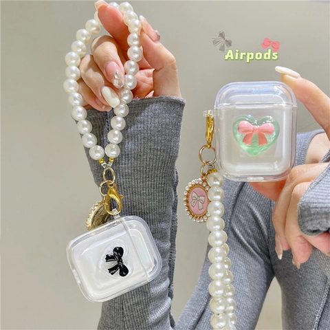 Transparente Kabellose Kopfhörer Hülle Schmetterling Schleife Herz Anhänger Kunstperlen Armband Kette TPU Soft Cover
