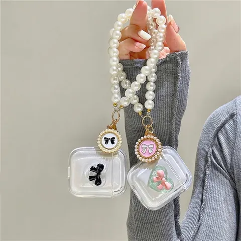 Transparente Kabellose Kopfhörer Hülle Schmetterling Schleife Herz Anhänger Kunstperlen Armband Kette TPU Soft Cover