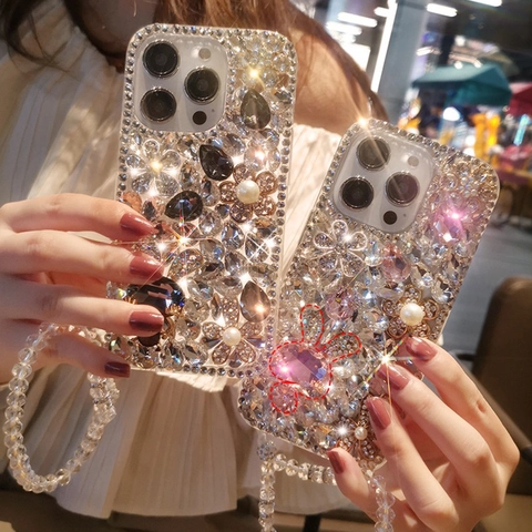 Luxus Strass Künstliche Perle Blume Hase Handyhülle Mit Acryl Künstliche Perlen Lanyard Harte PC Bling Mode Zubehör