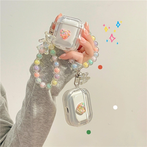 Transparent TPU Wireless Earbuds Protective Case With Glitter Heart And Colorful Beaded Hand Chain Bear Charm Cute Style