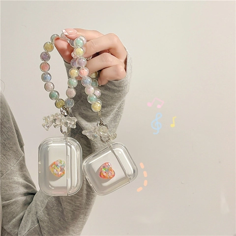 Transparent TPU Wireless Earbuds Protective Case With Glitter Heart And Colorful Beaded Hand Chain Bear Charm Cute Style