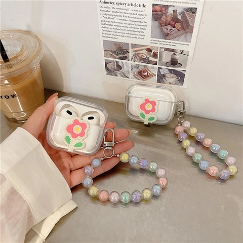 Transparent Wireless Earphone Case TPU With Floral Tulip Decoration And Colorful Gradient Bead Chain Hand Strap