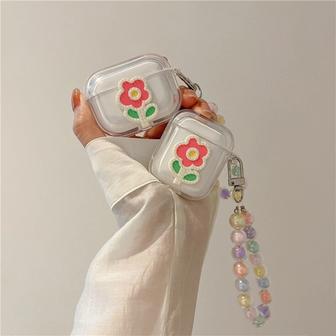 Transparent Wireless Earphone Case TPU With Floral Tulip Decoration And Colorful Gradient Bead Chain Hand Strap