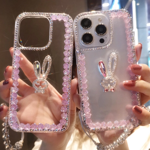Transparente Handyhülle Mit Strass Hase Luxus Rosenblütenrand Schutzhülle Mit Perlenarmband Mädchenhafter Stil