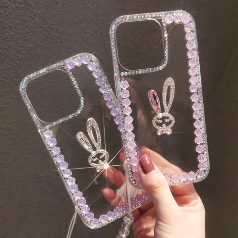 Transparente Handyhülle Mit Strass Hase Luxus Rosenblütenrand Schutzhülle Mit Perlenarmband Mädchenhafter Stil