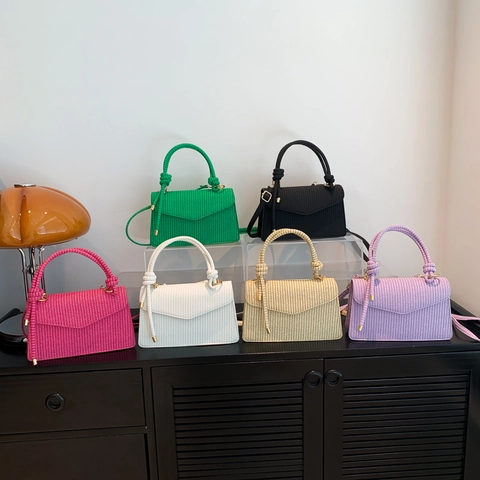 Fashion Woven Texture PU Leather Shoulder Bag For Women Casual Crossbody Handbag With Knot Handle Flap Small Square Bag
