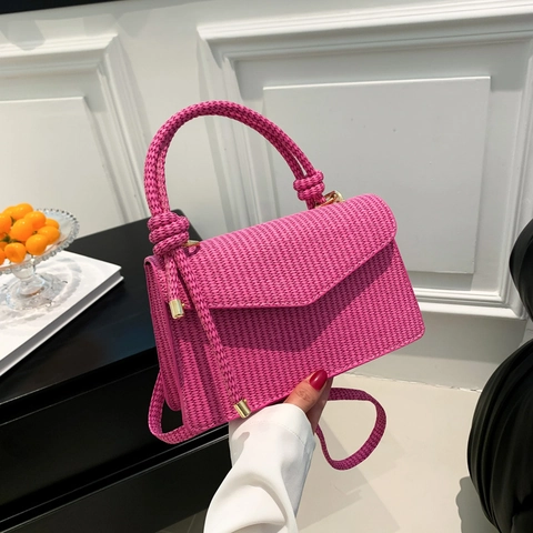 Woven Texture PU Leather Crossbody Bag Knotted Handle Flap Small Square Shoulder Handbag Retro Trendy Casual For Women