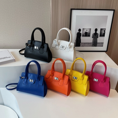 Women Shoulder Bag PU Leather Top Handle Crossbody Purse With Metal Rotary Lock Trendy Small Square Handbag