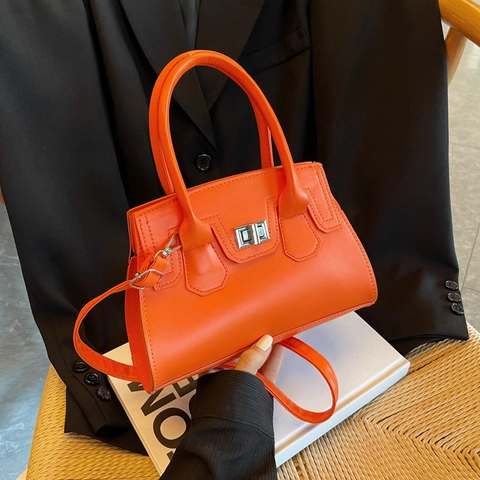 Women Shoulder Bag PU Leather Top Handle Crossbody Purse With Metal Rotary Lock Trendy Small Square Handbag