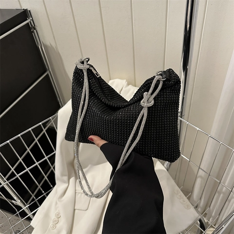 Damen Unterarmtasche Mit Strass Chic Funkelnde Abend Schultertasche Mit Knotenträger Reißverschluss PU Material