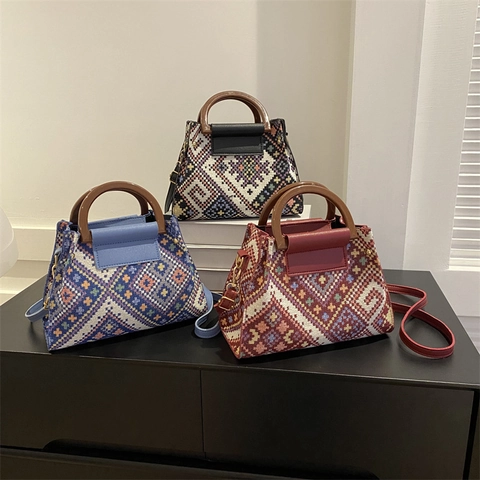Women Vintage Ethnic Woven Shoulder Bag With Wooden Handle Geometric Pattern PU Leather Crossbody Small Square Bag