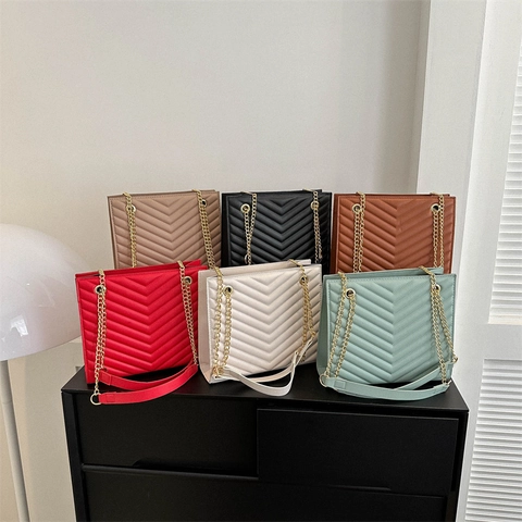 Women Quilted Shoulder Bag PU Leather Chevron Pattern Gold Chain Strap Large Capacity Fashion Casual Tote Handbag