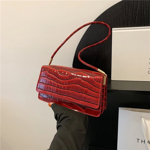 Sac Sous Les Aisselles En Cuir PU Gaufré Motif Crocodile Pour Femmes Rétro Minimaliste Rabat Sac À Épaule Baguette Tendance Petit Sac Carré