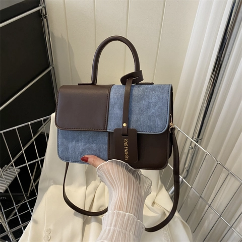 Sac À Épaule Femme PU Cuir Denim Patchwork Color Block Petit Carré À Rabat Bandoulière Chic Vintage À Main