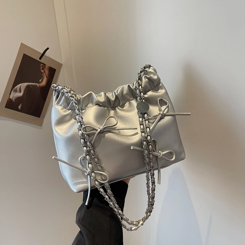 Dames Geplooide Wolk Emmer Tas PU Leer Strik Decor Trekkoord Kettingriem Mode Schoudertas