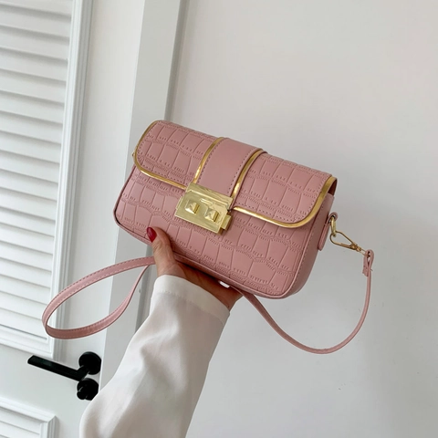 Crocodile Pattern Crossbody Bag PU Leather Golden Metal Lock Small Square Shoulder Bag Women Daily Fashion Retro