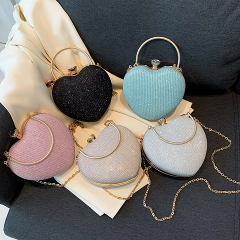 Heart Shaped Evening Clutch Bag Glitter PU Leather Rhinestone Clasp Metal Chain Shoulder Crossbody For Women Party