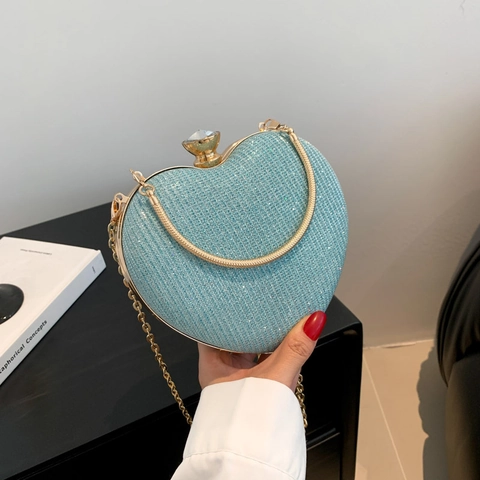 Borsa da Sera a Forma di Cuore da Donna Glitter Paillettes Catena Spalla Crossbody in Pelle PU Party Banquet Clutch