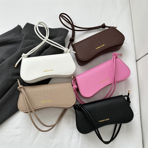 Schicke PU Leder Unterarmtasche mit Krokodilprägung für Damen Fashion Schultertasche mit Knotenriemen Gold Logo Baguette Tasche