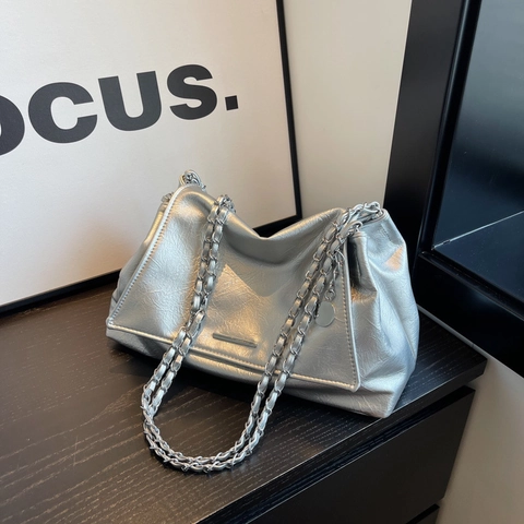 Borsa Baguette Donna Pelle PU Consistenza Increspata Catena Patta Grande Capacità Borsa Sottobraccio Moda