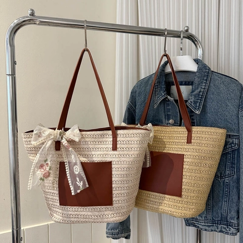 Strohgewebte Tragetasche Damen Sommer Strandurlaub Große Handtasche Mit PU-Leder Tasche Und Blumenstickerei Spitze Schleife