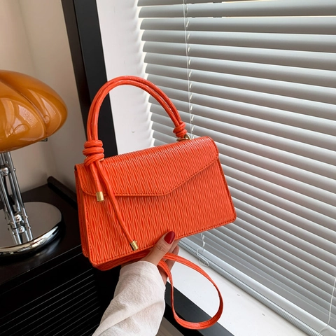 Women Fashion Pleated PU Leather Handbag Vertical Texture Square Flap Bag With Knotted Handle Detachable Shoulder Strap