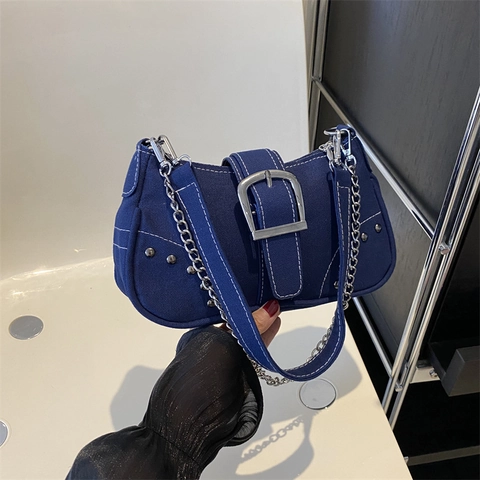 Sac À Épaule Rétro En Toile Avec Grande Boucle Argentée Rivets Chaîne Coutures Contrastées Style Y2K Pour Femmes
