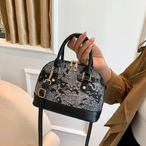 Neue Chinesische Art Schalen-Schultertasche Damen PU-Leder Jacquard Handtasche Umhängetasche Retro Chic Henkeltasche