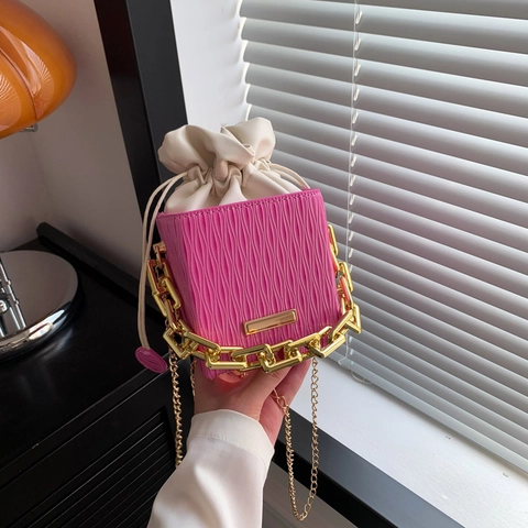 Mini Bolso Bombonera Mujer Textura Ondulada Vertical Cuero PU Cierre Cordón Asa Cadena Dorada Moda Bolso Hombro