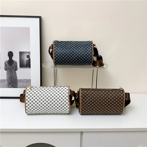 Cylinder Shoulder Bag Retro Print PU Leather Geometric Pattern Crossbody With Wide Adjustable Strap For Women