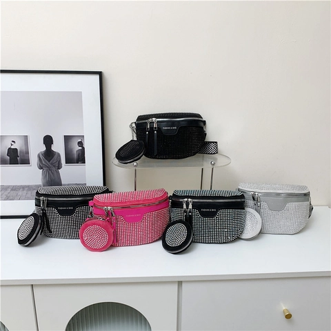 Damen Voll Strass Umhängetasche Satteltasche Mit Mini Rundem Münzfach Mode Glänzende Diamante Schultertasche Breiter Gurt Messenger Bag