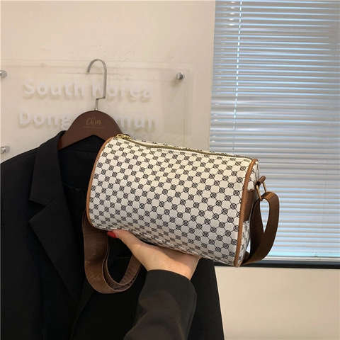 Cylinder Shoulder Bag Retro Print PU Leather Geometric Pattern Crossbody With Wide Adjustable Strap For Women