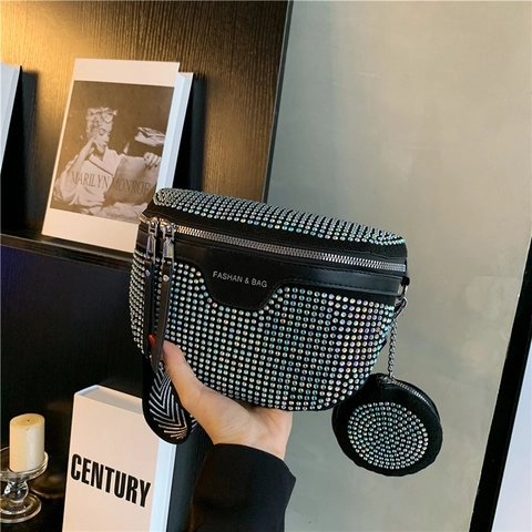 Women Sparkly Rhinestone Crossbody Shoulder Saddle Bag With Wide Patterned Strap And Round Mini Pouch PU Leather