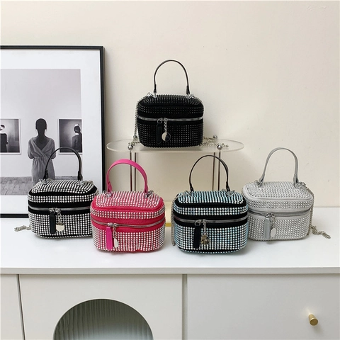 Dames Handtas Met Strass Chique Box Schoudertas Glinsterende Partytas Met Kettingriem Handvat Voor Avond