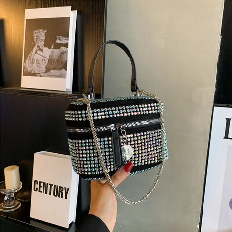 Dames Handtas Met Strass Chique Box Schoudertas Glinsterende Partytas Met Kettingriem Handvat Voor Avond