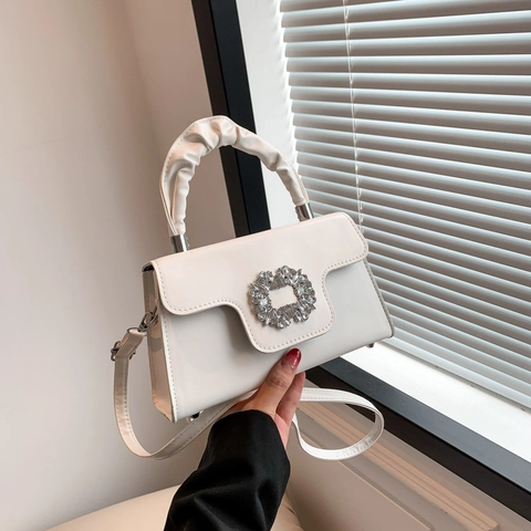 Women PU Leather Shoulder Crossbody Bag Rhinestone Buckle Folded Handle Elegant Trendy Small Square Handbag