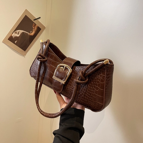 Damen Baguette Tasche PU Leder Krokodilmuster Vintage Achsel Umhängetasche Mit Goldener Schnalle Knotengurt