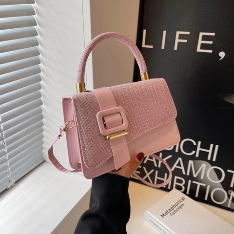 Damen Fashion Kunstleder Glitzer Handtasche Quadratische Schnalle Umhängetasche Elegant Pendeln Schultertasche Vielseitige Tote