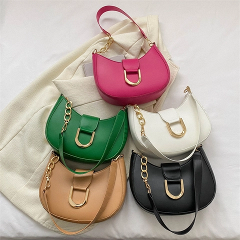 Solid Color PU Leather Hobo Bag For Women With Metallic D-Buckle And Chain Strap Half Moon Underarm Shoulder Bag