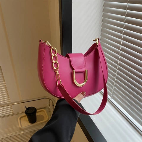 Solid Color PU Leather Hobo Bag For Women With Metallic D-Buckle And Chain Strap Half Moon Underarm Shoulder Bag
