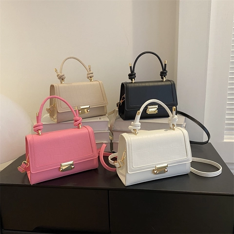 Women Crocodile Pattern PU Leather Handbag Knot Top Handle Retro Shoulder Crossbody Small Square Bag Gold Hardware
