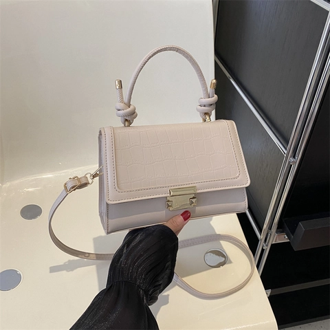 Women Crocodile Pattern PU Leather Handbag Knot Top Handle Retro Shoulder Crossbody Small Square Bag Gold Hardware
