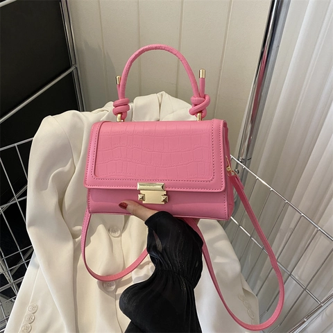 Piccola Borsa Quadrata da Donna Con Motivo Coccodrillo in Pelle PU Borsa a Tracolla Con Manico a Nodo Fibbia Dorata