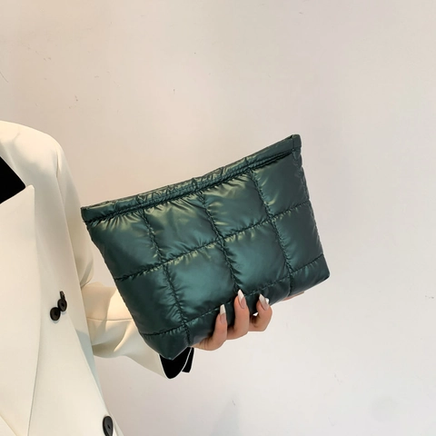 Pochette Trapuntata Da Donna Borsa In Nylon Lucido Puffer Motivo Quadrato Cerniera Casual Moda Street Style