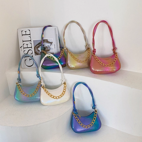 Damen Holografische PU Leder Achseltasche Metallic Laser Strukturierte Hobo Schultertasche Mit Goldener Kette