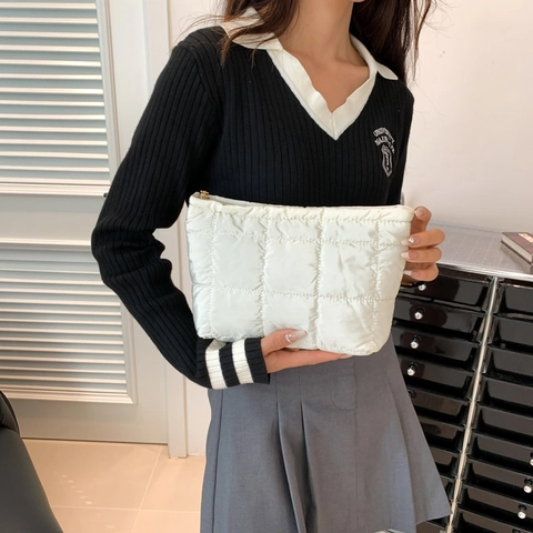 Pochette Trapuntata Da Donna Borsa In Nylon Lucido Puffer Motivo Quadrato Cerniera Casual Moda Street Style