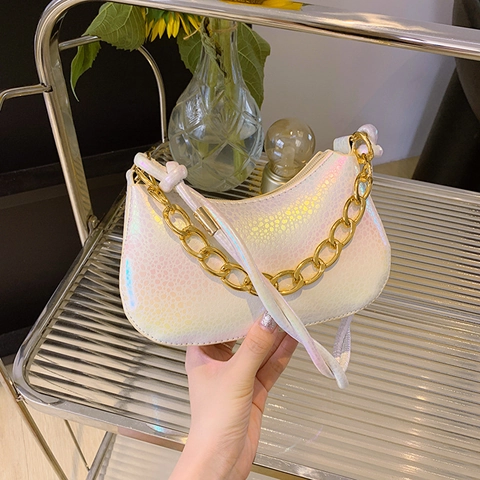 Damen Holografische PU Leder Achseltasche Metallic Laser Strukturierte Hobo Schultertasche Mit Goldener Kette