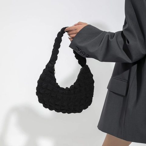 Borsa A Spalla Hobo Con Trama A Bolle Plissettata Tessuto Popcorn Leggero Casual Cerniera Borsa Da Ascella Per Donna