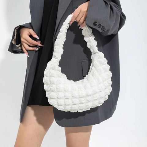 Borsa A Spalla Hobo Con Trama A Bolle Plissettata Tessuto Popcorn Leggero Casual Cerniera Borsa Da Ascella Per Donna