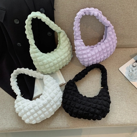 Women Bubble Ruched Hobo Bag Popcorn Texture Underarm Shoulder Bag Solid Color Chic Trendy Fashion Handbag